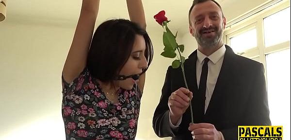 Bound sub gets whipped and pounded